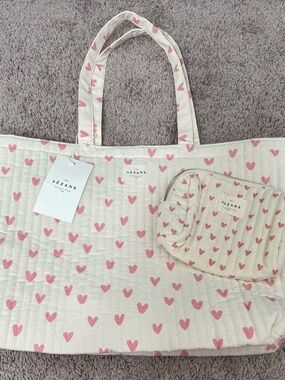 Sezane Quilted Canvas Tote with Pink Heart Print